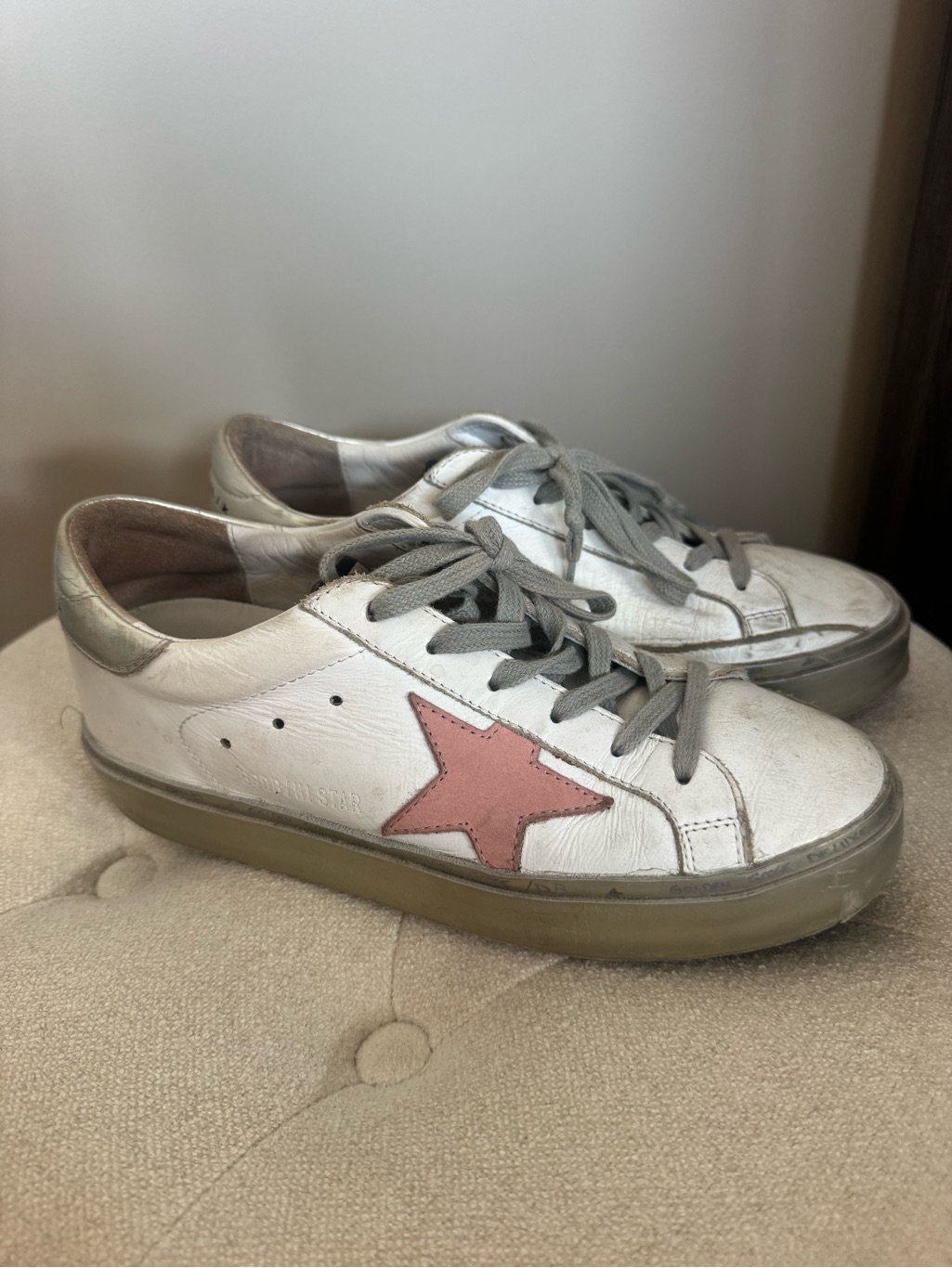 Golden Goose White Leather Sneakers With Silver Heel And Pink Star